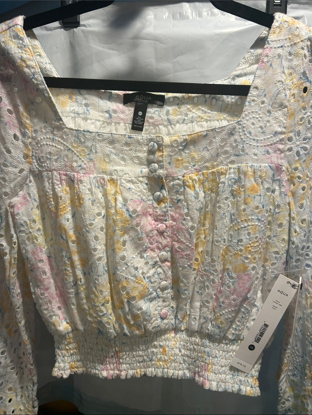 Aqua White Eyelet Floral Smocked Peasant Top with Pastel Accents